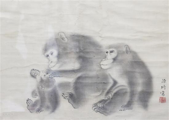 Japanese School (19th Century), a scroll painting of three monkeys, image 35.5 x 49.5cm